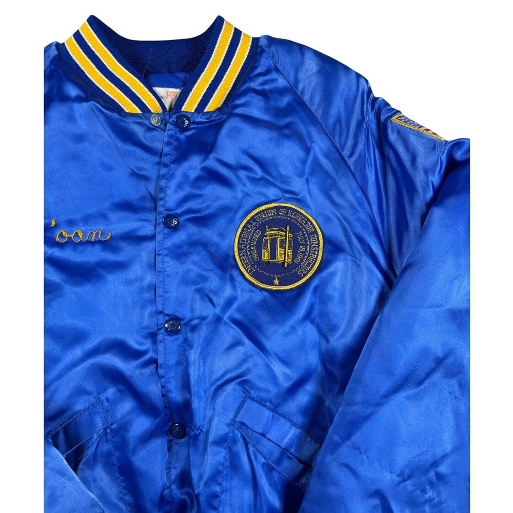 Vintage Elevator Constructors Union Satin Bomber Jacket Blue Joan NY Local 1